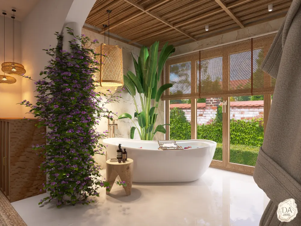 Salle de bain moderne avec végétation Salle de bain avec baignoire et plantes