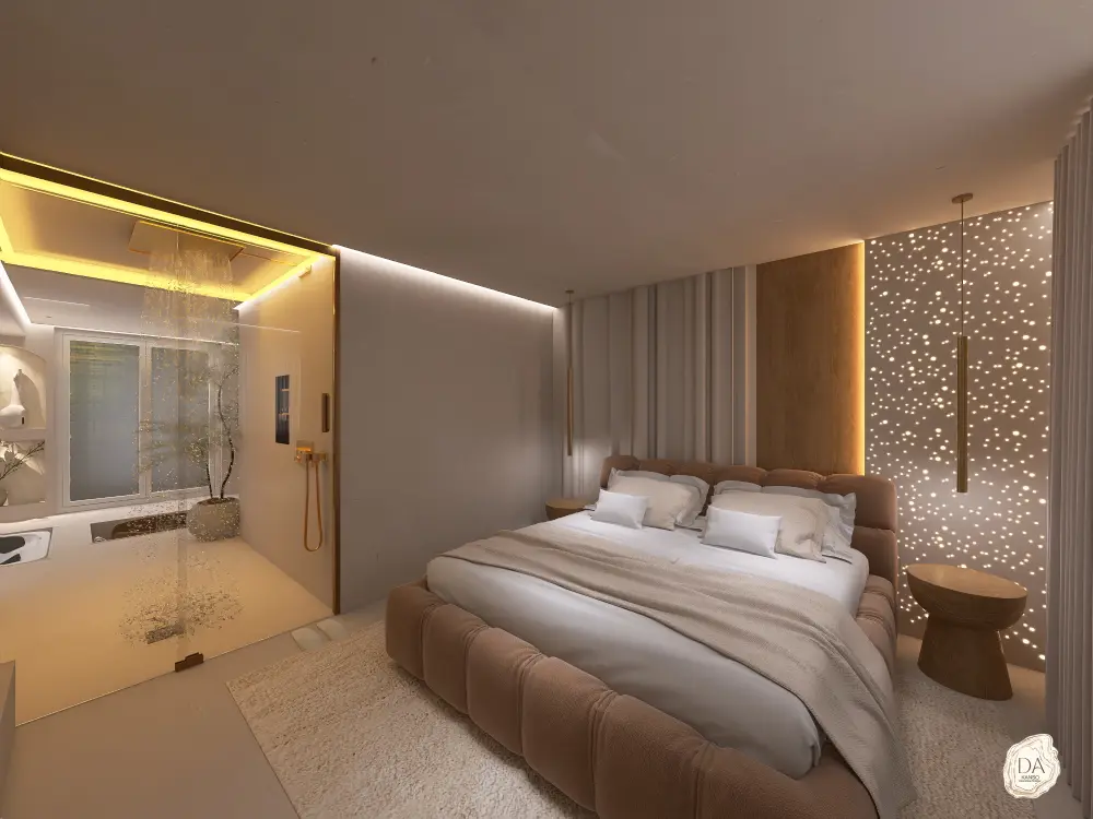 Chambre design avec douche intégrée Chambre moderne avec douche ouverte